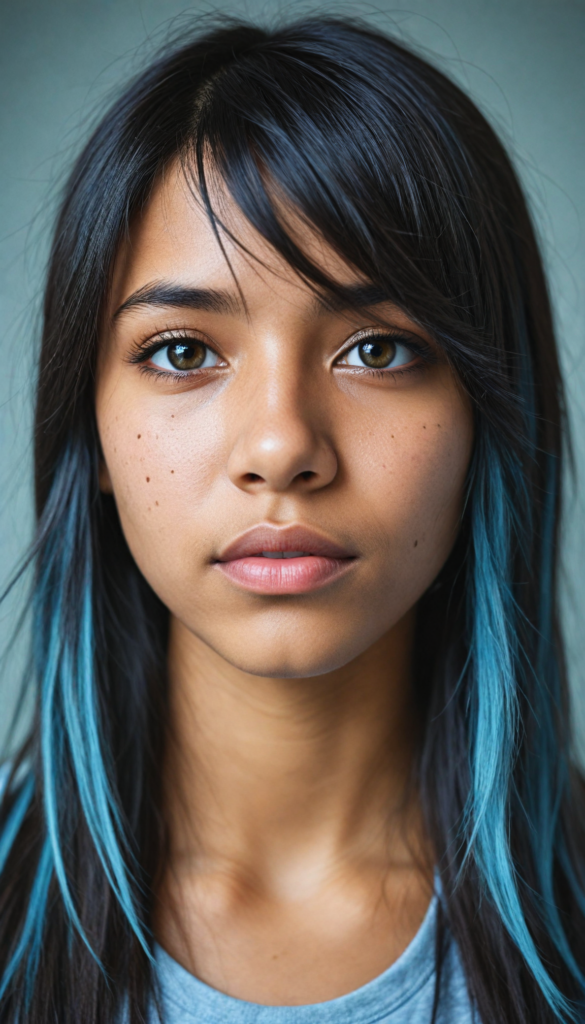 a beautifully drawn (brown-skinned teen emo girl) with flowing, softly waving (straight hair) framing her face in side bangs and highlighted by a contrasting light blue complexion, expressing a poignant feeling of melancholy and emotional detachment, set against a softly grey (backdrop)