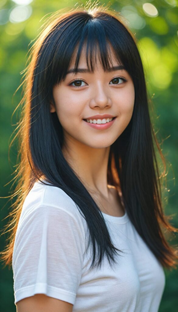 a detailed and realistic photo from a (cute) Oriental teen girl (long, straight jet hair, bangs), (stunning), (gorgeous), beautifully realistic, cinematic lights, realistic detailed angelic round face, (realistic detailed amber eye) looks happy at the camera, perfect curved body, (wears a super short tight (white t-shirt)), perfect anatomy, side perspective, against a sunny green backdrop