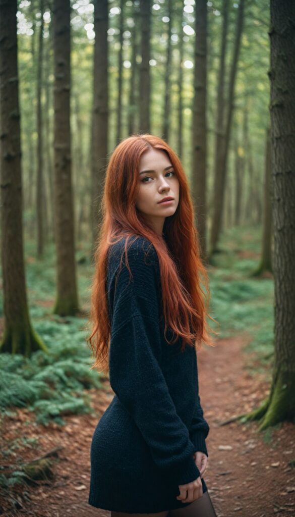 a beautiful, pretty girl with red soft long hair, black dressed in a thin sweater, in a forest