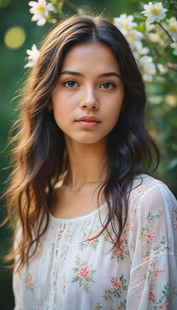 a hyper-realistic, intricately detailed portrait of a captivating young girl with cascading, silky hair that shimmers under soft, natural light. Her gentle gaze meets the viewer's eyes, radiating warmth and innocence. She is adorned in a whimsical white crop top embellished with delicate floral patterns, set against a dreamy pastel background that evokes a sense of serenity and youthfulness. Subtle hints of bokeh add a magical touch, enhancing the overall enchanting atmosphere of the scene.