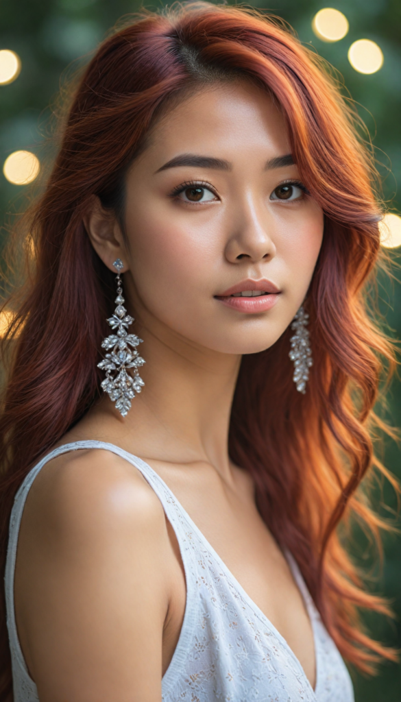 hyper-realistic, intricately detailed portrait of a stunning young Asian woman with flowing, soft red hair cascading down her shoulders, caught in an ethereal glow. Her enchanting round eyes sparkle with depth and emotion, inviting the viewer into her world. She wears a delicate, flowing white tank top that hints at elegance, accessorized with shimmering silver earrings. The background features a dreamlike bokeh of soft pastel colors, blending seamlessly to enhance her beauty, with hints of floral motifs echoing a whimsical fairytale vibe. The lighting is warm and inviting, casting gentle shadows that accentuate her features, creating a sense of serenity and charm.