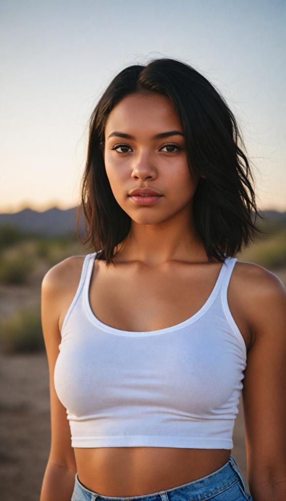 a beautifully upper body portrait (dark-skinned young busty teen girl) with softly (straight black hair), full lips, (full body), she wears a white short crop tank top, perfect curved body, in a dessert