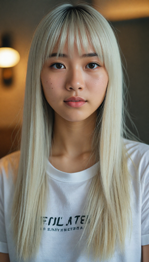 (portrait), detailed, (Asian young cute girl), long straight platinum hair, bangs cut, white t-shirt