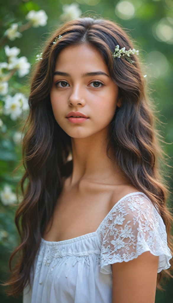 a hyper-realistic, intricately detailed portrait of a captivating young girl with cascading, silky hair that shimmers under soft, natural light. Her gentle gaze meets the viewer's eyes, radiating warmth and innocence. She is adorned in a whimsical white crop top embellished with delicate floral patterns, set against a dreamy pastel background that evokes a sense of serenity and youthfulness. Subtle hints of bokeh add a magical touch, enhancing the overall enchanting atmosphere of the scene.