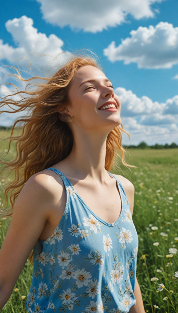 a radiant young woman with flowing golden hair, captivatingly detailed and hyper-realistic full portrait, standing gracefully in a sunlit meadow adorned with wildflowers, her bright smile exuding warmth and joy, dressed in a vibrant floral summer tank top that dances in the gentle breeze, her features reflecting the soft glow of the sun, surrounded by butterflies and a blue sky dotted with fluffy clouds, evoking a sense of bliss and freedom, reminiscent of a contemporary Impressionist masterpiece.