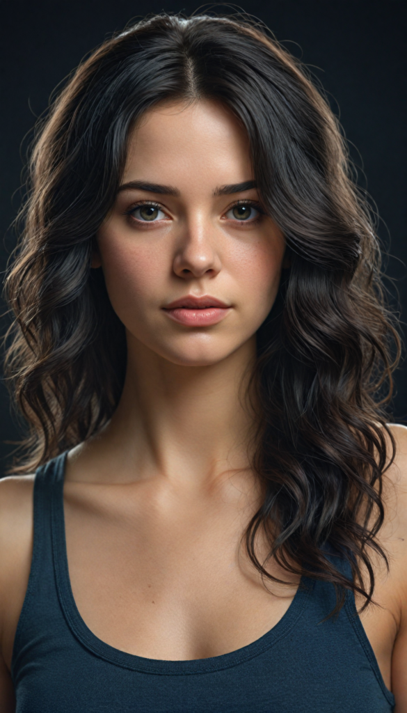 a (super realistic and highly detailed full-body photo), capturing a (beautiful and innocent Caucasian girl) with (very long, thick, wavy black hair), and (a short, cropped tank top), she stands in a (dark, gloomy setting) with (volumetric lighting) that brings out her (natural features) and (beautiful eyes), set against a (plain, dark backdrop) that focuses on her face, with (black hair) (perfect, accurate anatomy) and (high quality, high detail) that make her a (super-realistic, 3D character)