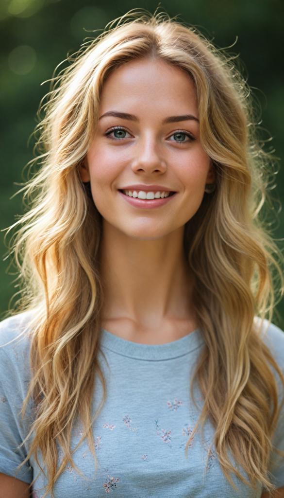 a charming and realistic portrait of a youthful girl with cascading, intricate golden hair that shimmers like sunlight, a warm and inviting smile that radiates joy, dressed in a soft, grey fine t-shirt that contrasts beautifully with her vibrant features. Her eyes sparkle with curiosity, framed by delicate eyelashes, embodying an aura of wonder and confidence. The background features a dreamlike, pastel-hued landscape accentuated by ethereal flowers, softly blending into a whimsical, ethereal atmosphere, reminiscent of a modern fairy tale—capturing the essence of beauty and vitality like a blend of photography and impressionist art.