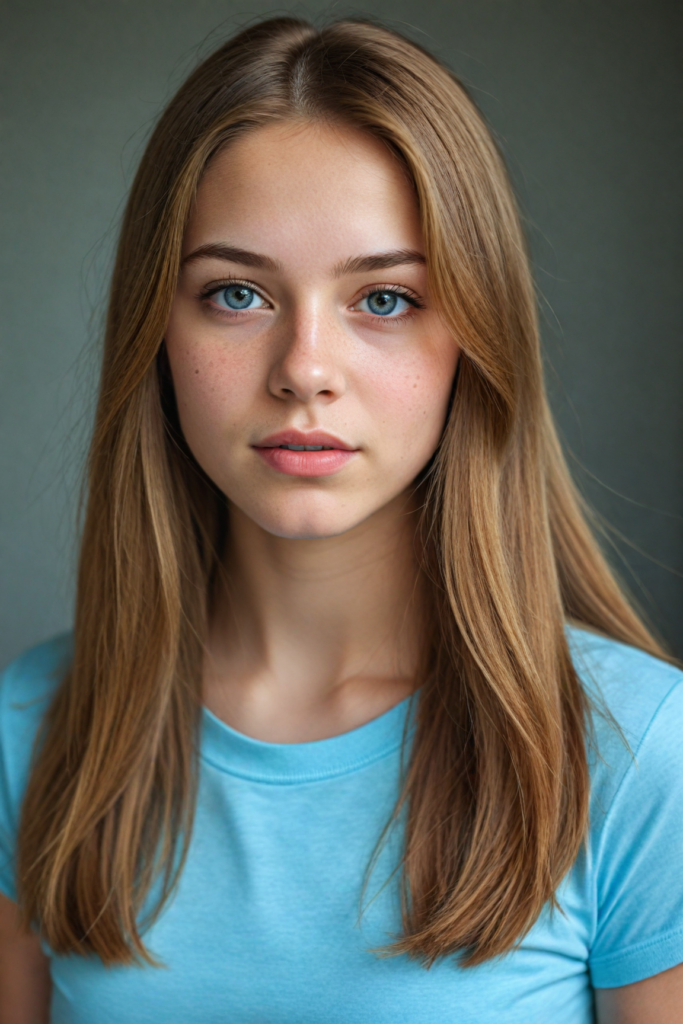 a very detailed and realistic portrait of a (cute teen girl), (long yet straight light brown hair), (realistic detailed brown eyes), (full kissable lips), (realistic detailed, light amber eyes), (face illuminated), perfect curved fit body, she wears a light blue t-shirt