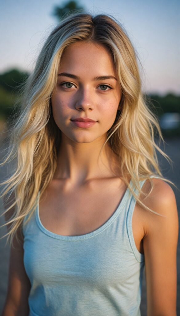 visualize a (tomboy petite teen girl) with long, (realistically detailed summer blond hair), posed in a (cinematic light setup) for a portrait shot, her face radiant with joy, featuring a (flawlessly detailed round face), a (short form-fitting cropped plain tank top), which beautifully showcases her perfect physique, with (realistic details), such as a (curvy yet toned silhouette), beach in backdrop