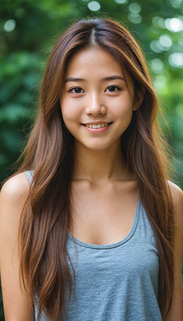 a very nice young Japanese girl, portrait shot, her long hazelnut hair falls over her shoulders, warm smile, she wears a grey tank top, perfect curved body