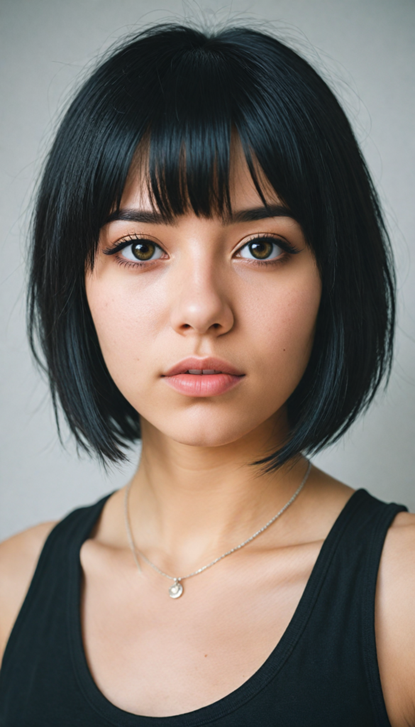 a innocent (young Emo teen girl), straight black hair, (round face), bob bangs cut, black eyeliner, looks seductive, black cropped tank top, (white background), front view