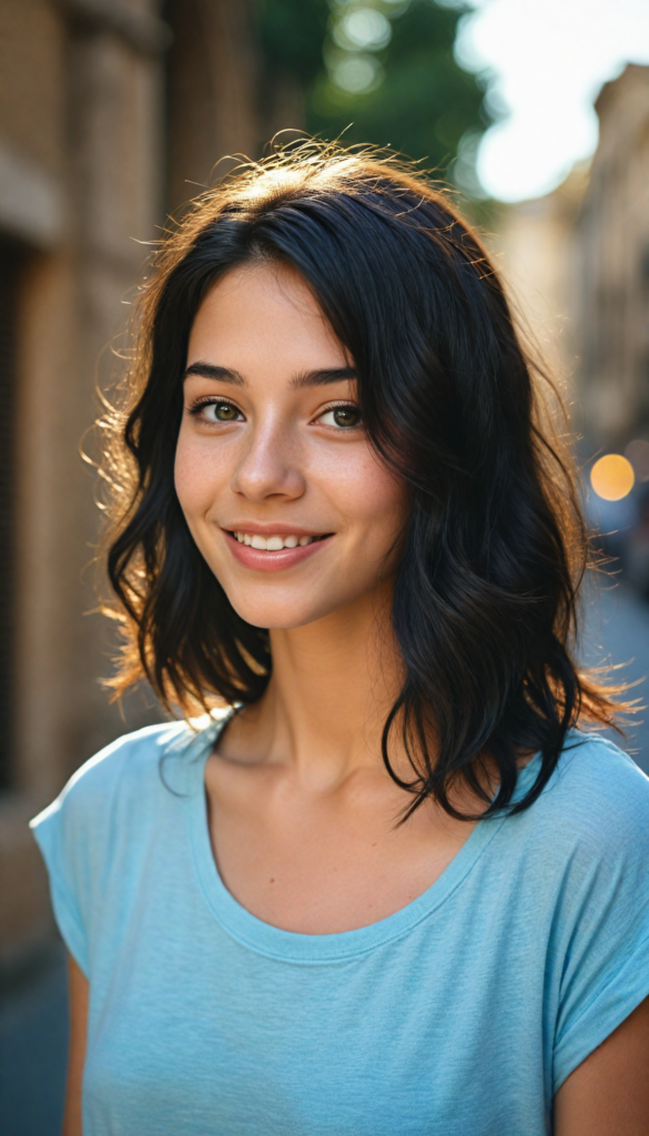 a stunningly detailed and lifelike portrait of a whimsical teen girl with flowing, straight obsidian black hair cascading over her shoulders, expressive brown eyes that sparkle with curiosity, and soft, full lips that seem to hold a playful secret. Her face is illuminated by soft, golden sunlight, highlighting the delicate freckles dancing across her cheeks. She has an enchanting aura, radiating warmth and positivity, dressed in a cozy, oversized light blue t-shirt that drapes effortlessly over her perfect, graceful figure. A subtle smile graces her lips, inviting a sense of joy and wonder as she stands against a dreamy, softly blurred pastel background, reminiscent of an impressionist painting.