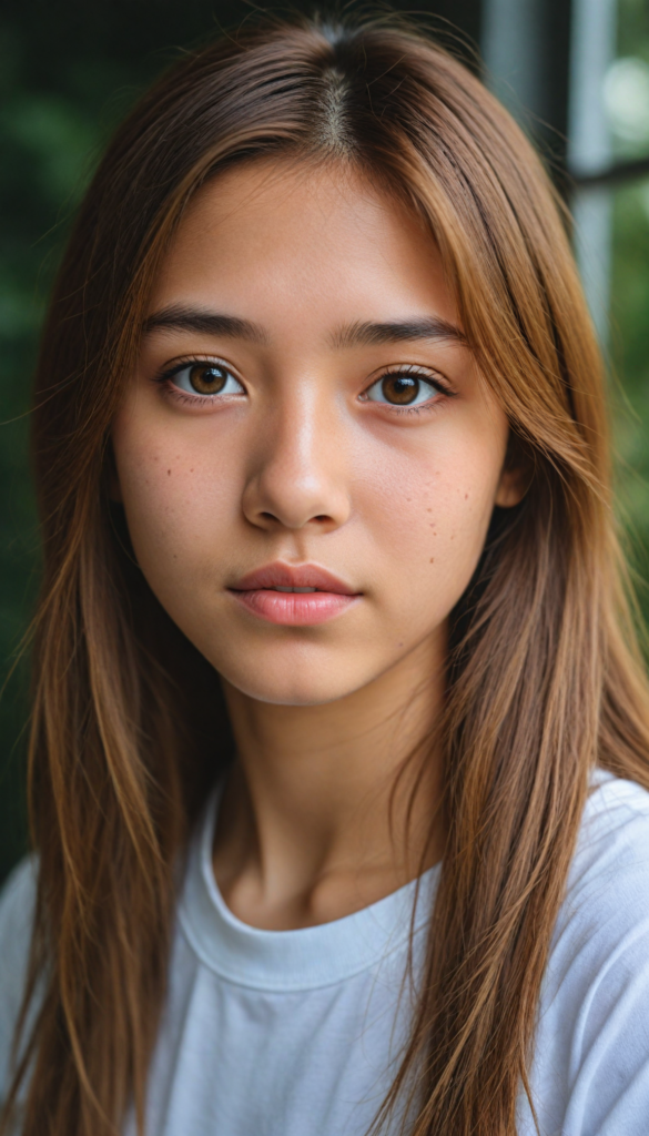 a stunningly elegant and cute Asian teenage girl with long, straight hazelnut hair, with a (realistically detailed angelic round face) and (realistically detailed hazelnut eyes) looking pensively at the camera, wearing a (super short, tight white t-shirt)