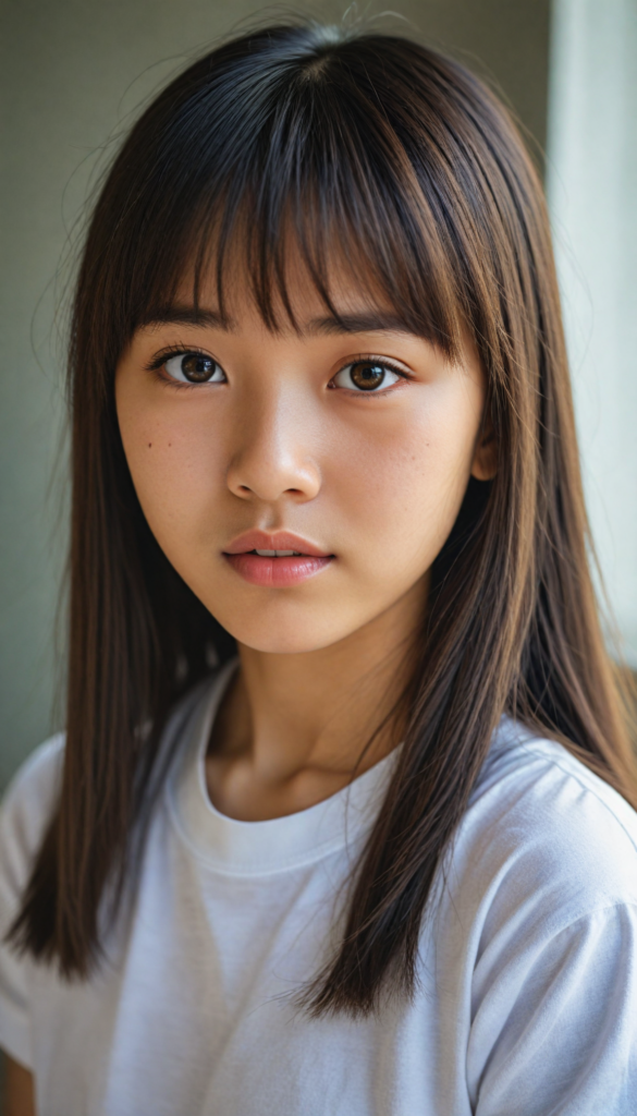 (portrait), detailed, (an Asian young cute girl), long straight soft detailed hair, realistic detailed amber eyes, bangs cut, white t-shirt