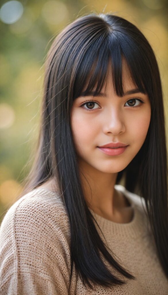 create a portrait of a cute, beautiful, sweet, kind, adorable, breathtaking, delicate, pretty, graceful, elegant, very young girl with long, straight, silky black hair, bangs, light brown eyes, full lips, wearing a warm sweater. (The background is slightly blurred)