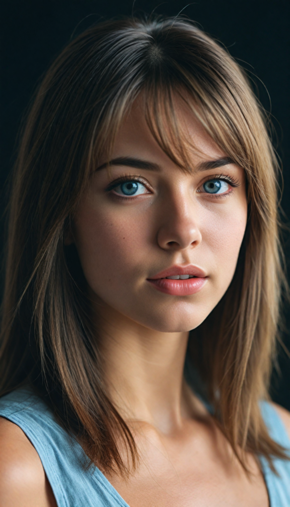 a young beautiful girl, (jet soft straight hair, bangs frame her face), (full natural lips), (mouth slightly open), (seductive look), glossy shiny tanned skin, (realistic shiny round light blue eyes), (angelic face), black background, (perfect shadows), (weak light falls into the picture from the side), (perfect curved body), she looks seductively at the viewer, (flawless skin), (side view) (ultra realistic photo) (stunning) (gorgeous) (4k) (upper body)