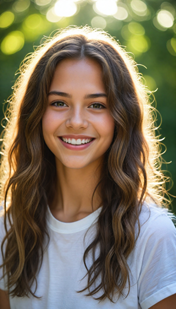 (portrait), detailed, (a young girl), long wavy soft detailed hair, realistic and detailed dark eyes, full lips, white t-shirt, smile, white teeth, against a sunny green backdrop