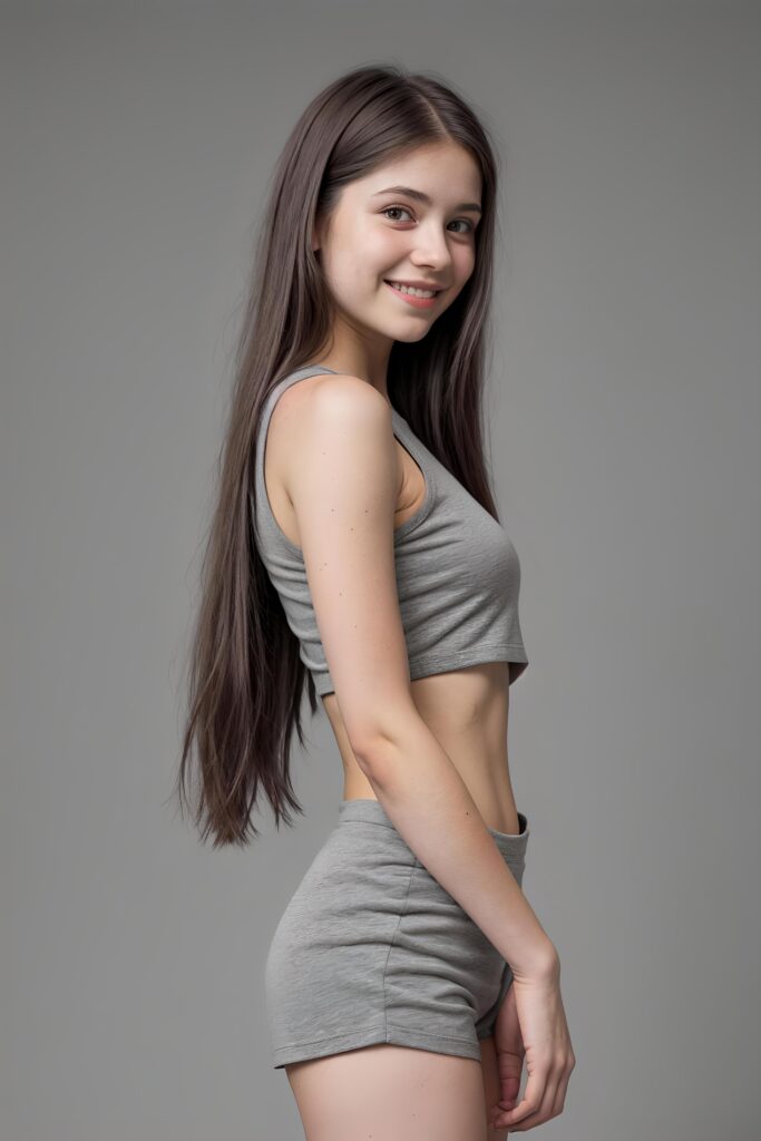 portrait of a cute young girl, wears a grey crop top, smile, long straight hair, perfect curved body, grey short shorts, side view