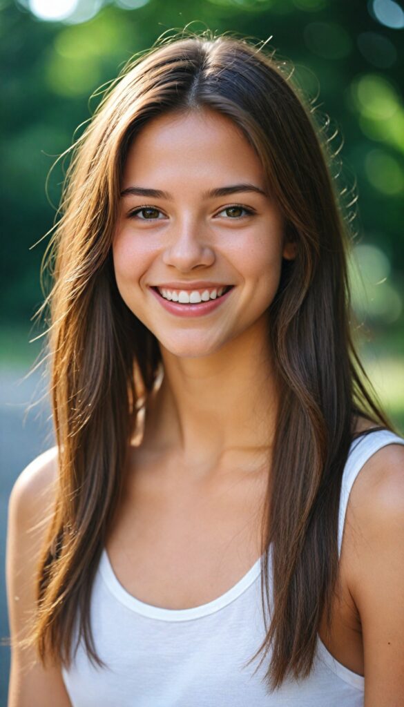 a breathtakingly detailed and hyper realistic (professional photograph) of a young teen girl with straight, silky jet brown soft hair cascading down her shoulders, round face, full lips, smile, white teeth despite its perfect length and texture suggesting advanced age, paired with a minimalist (white short sleeve tank top)