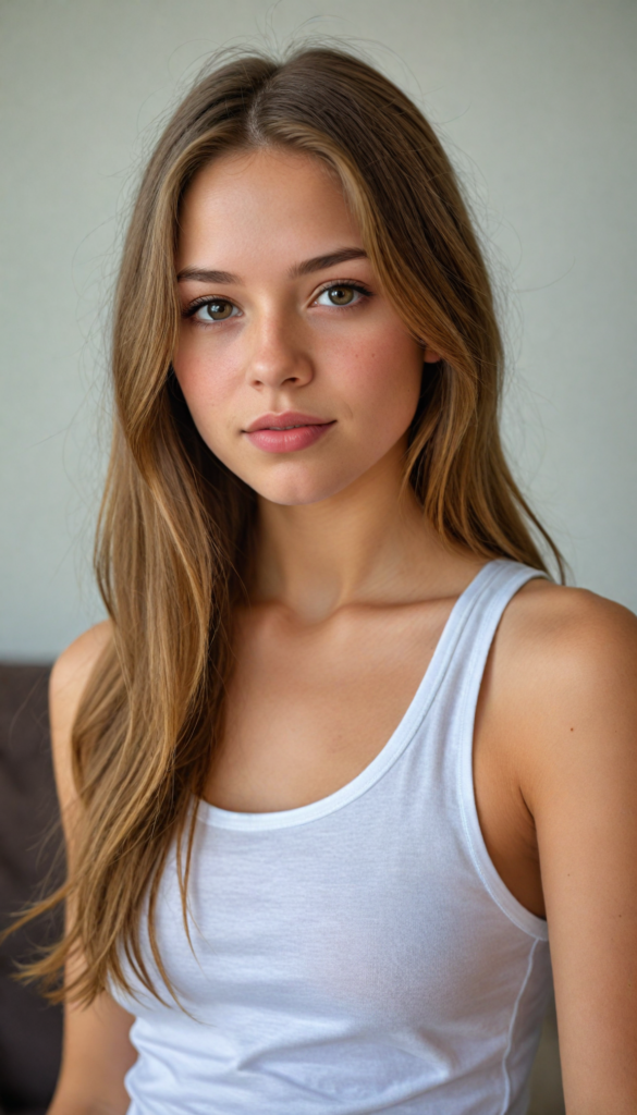 a very detailed and realistic portrait of a (cute teen girl), (long yet straight light brown hair), (realistic detailed brown eyes), (full kissable lips), (realistic detailed, light amber eyes), (face illuminated), (wearing a very low cut (white tank top) made on fine wool), perfect curved fit body