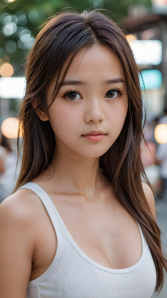 super realistic, detailed face, cute 17 years old Japanese girl, long straight hair, realistic detailed eyes, wear white short tight tank top, looks sadly at the camera, perfect curved body