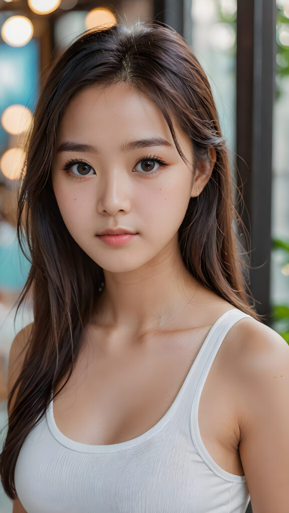 super realistic, detailed face, cute 17 years old Korean girl, long straight hair, realistic detailed eyes, wear white short tight tank top, looks sadly at the camera, perfect curved body