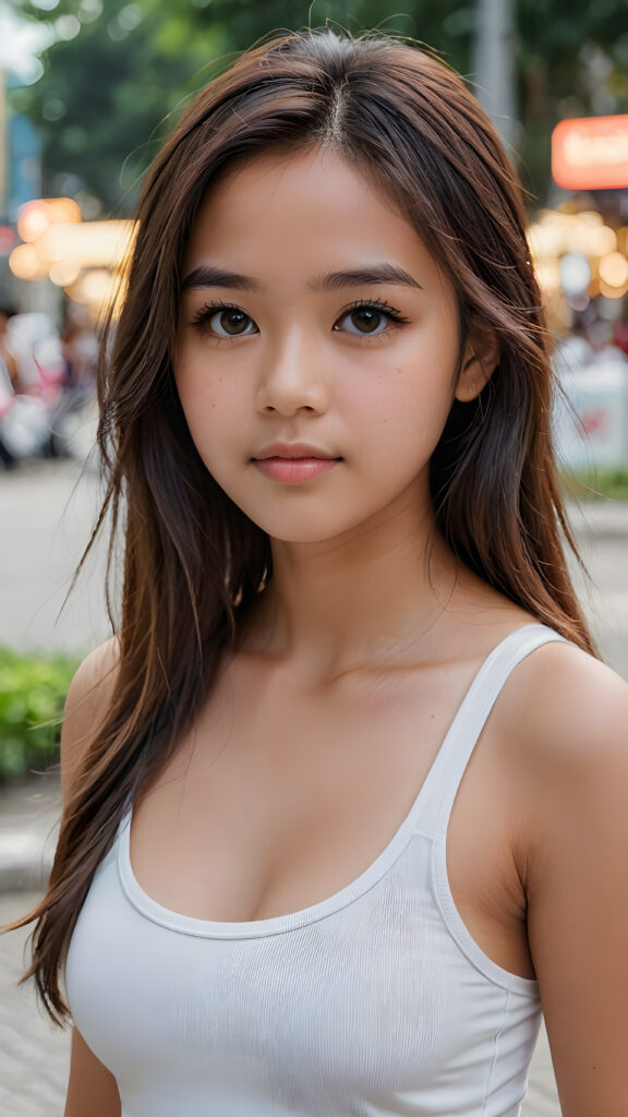 super realistic, detailed face, cute 17 years old Malaysian girl, long straight hair, realistic detailed eyes, wear white short tight tank top, looks sadly at the camera, perfect curved body