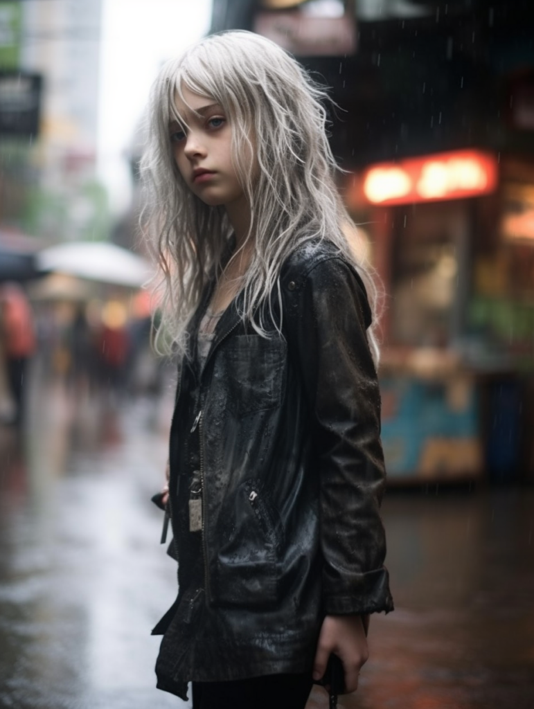 a very cute girl, white hair, stand alone in the rain, straight messy wet hair, wet skin, looks sadly at the camera, detailed hair, angelic face, full body, in the street --ar 3:4