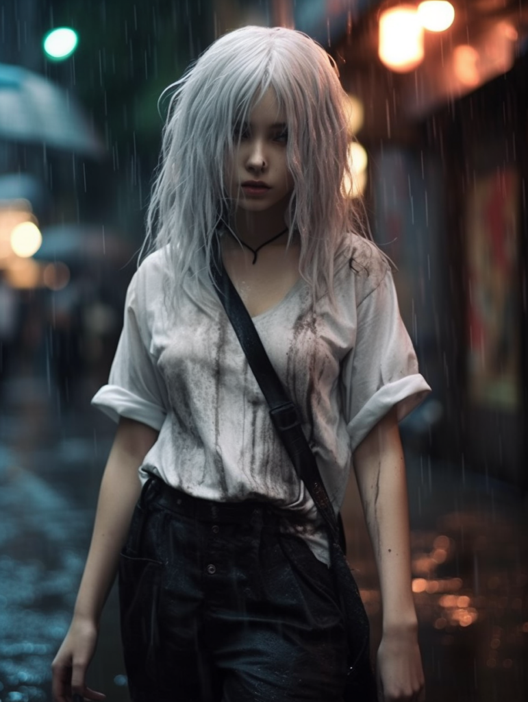 a very cute girl, white hair, stand alone in the rain, straight messy wet hair, wet skin, looks sadly at the camera, detailed hair, angelic face, full body, in the street --ar 3:4