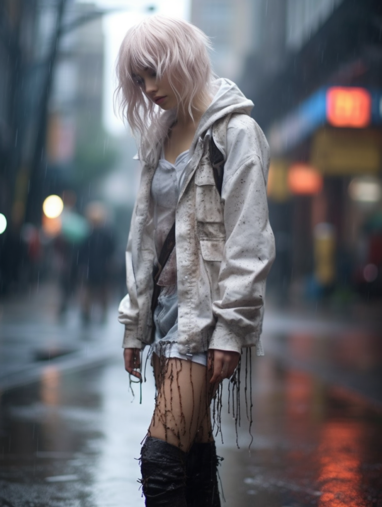 a very cute girl, white hair, stand alone in the rain, straight messy wet hair, wet skin, looks sadly at the camera, detailed hair, angelic face, full body, in the street --ar 3:4