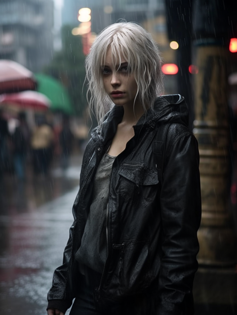 a very cute girl, white hair, stand alone in the rain, straight messy wet hair, wet skin, looks sadly at the camera, detailed hair, angelic face, full body, in the street --ar 3:4