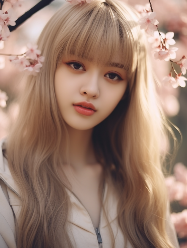 super realistic, 4k, detailed face, cute Asian teen girl, long blonde straight hair, Korean styled bangs, looks at the camera, portrait shot, smile very happy, a cherry blossom in the background --ar 3:4