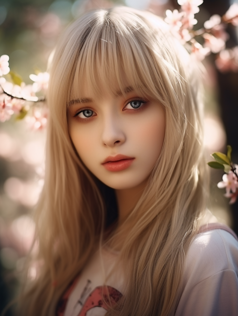 super realistic, 4k, detailed face, cute Asian teen girl, long blonde straight hair, Korean styled bangs, looks at the camera, portrait shot, smile very happy, a cherry blossom in the background --ar 3:4