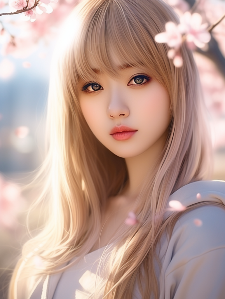 super realistic, 4k, detailed face, cute Asian teen girl, long blonde straight hair, Korean styled bangs, looks at the camera, portrait shot, smile very happy, a cherry blossom in the background --ar 3:4