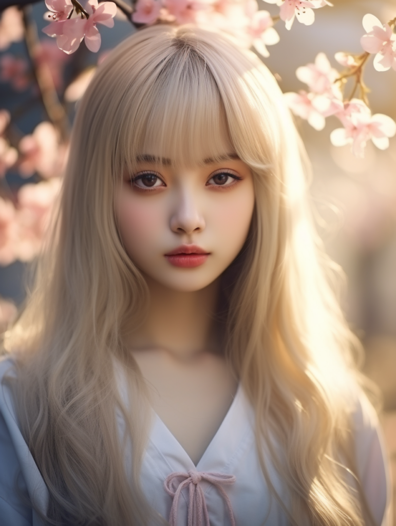 super realistic, 4k, detailed face, cute Asian teen girl, long blonde straight hair, Korean styled bangs, looks at the camera, portrait shot, smile very happy, a cherry blossom in the background --ar 3:4