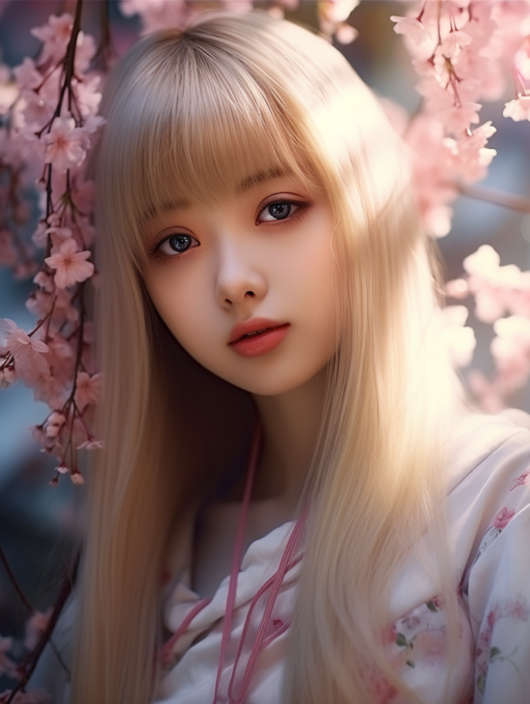 super realistic, 4k, detailed face, cute Asian teen girl, long blonde straight hair, Korean styled bangs, looks at the camera, portrait shot, smile very happy, a cherry blossom in the background --ar 3:4