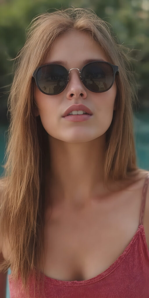 my (((very beautiful young girlfriend))), with perfectly aligned lips and symmetrically aligned teeth, posed in a (((tall, loose tattered tank top))), and (((sunglasses, that complement her features and highlight her face))). Her long, straight hair is the envy of all who see her, extending gracefully into the water, where the sun's rays are caught in its every movement. The image exudes a sense of (laid-back coolness) that perfectly complements her stunning features, creating a breathtakingly realistic full-body photo that perfectly captures her beauty from every angle