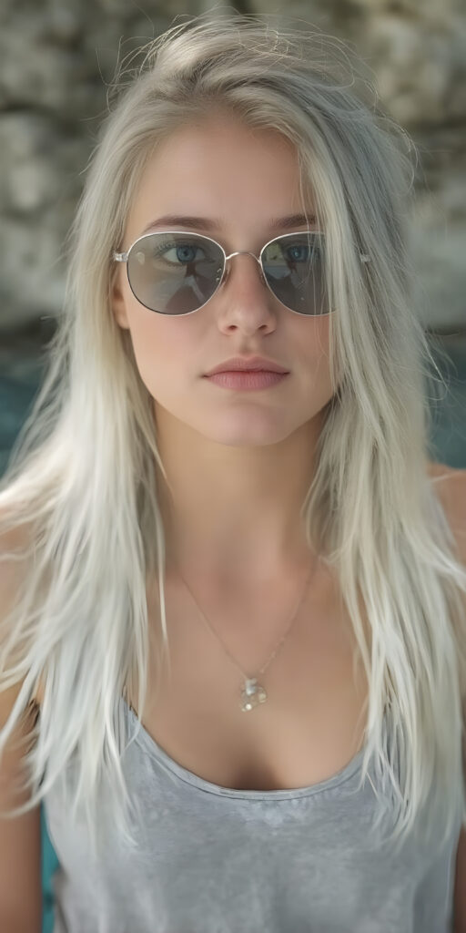 my (((very beautiful young girlfriend))), with perfectly aligned lips and symmetrically aligned teeth, posed in a (((tall, loose tattered tank top))), and (((sunglasses, that complement her features and highlight her face))). Her long, straight hair is the envy of all who see her, extending gracefully into the water, where the sun's rays are caught in its every movement. The image exudes a sense of (laid-back coolness) that perfectly complements her stunning features, creating a breathtakingly realistic full-body photo that perfectly captures her beauty from every angle