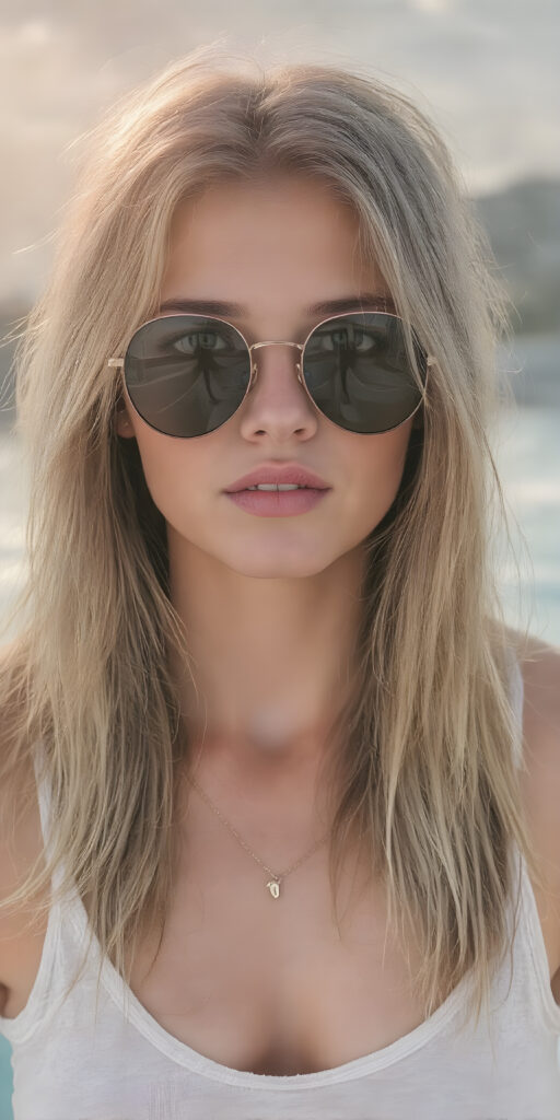 my (((very beautiful young girlfriend))), with perfectly aligned lips and symmetrically aligned teeth, posed in a (((tall, loose tattered tank top))), and (((sunglasses, that complement her features and highlight her face))). Her long, straight hair is the envy of all who see her, extending gracefully into the water, where the sun's rays are caught in its every movement. The image exudes a sense of (laid-back coolness) that perfectly complements her stunning features, creating a breathtakingly realistic full-body photo that perfectly captures her beauty from every angle