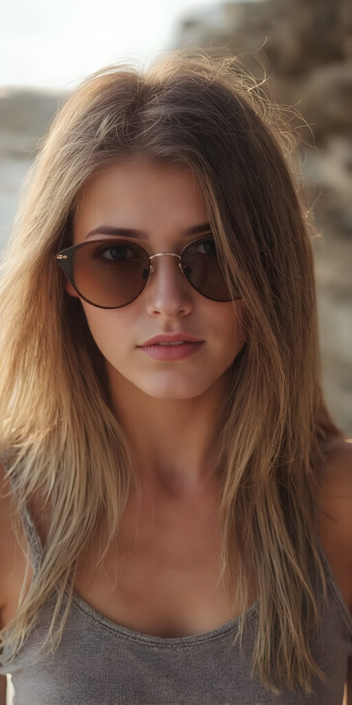 my (((very beautiful young girlfriend))), with perfectly aligned lips and symmetrically aligned teeth, posed in a (((tall, loose tattered tank top))), and (((sunglasses, that complement her features and highlight her face))). Her long, straight hair is the envy of all who see her, extending gracefully into the water, where the sun's rays are caught in its every movement. The image exudes a sense of (laid-back coolness) that perfectly complements her stunning features, creating a breathtakingly realistic full-body photo that perfectly captures her beauty from every angle