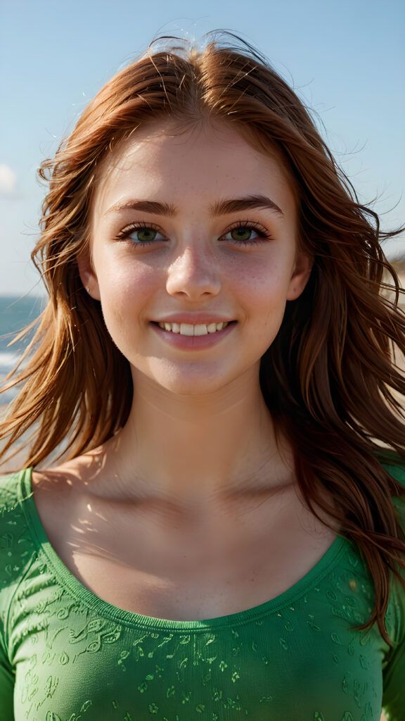 note: the above picture is a full body picture of a beautiful, very fit, slender, curvy, petite teen girl. She has auburn-brown hair moved by the wind, a slight natural but sad smile, detailed, hyper realistic, and matching green eyes. She also has perfect white teeth, with a warm light. (((4k, ultra high definition, intricate details)))