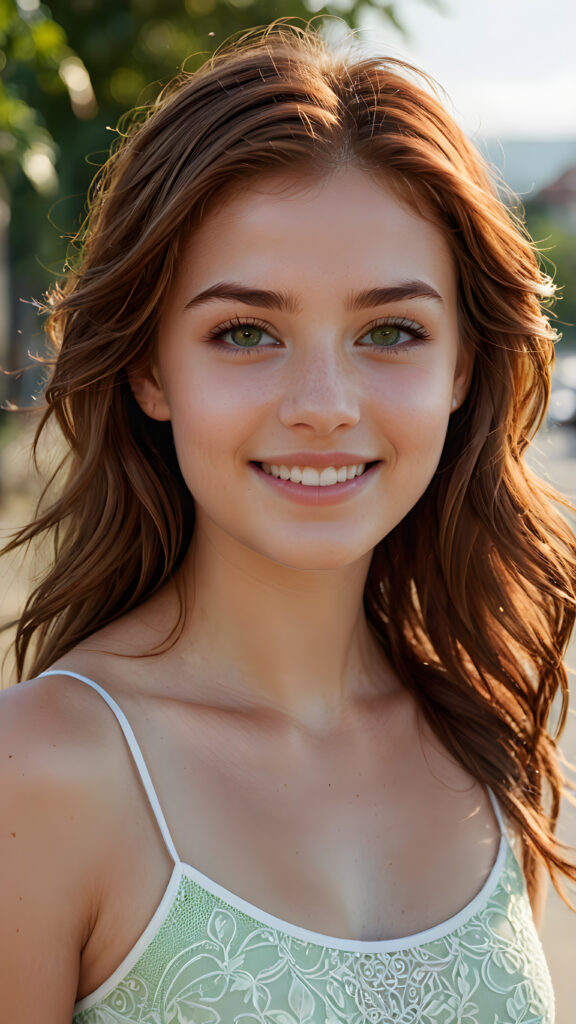 note: the above picture is a full body picture of a beautiful, very fit, slender, curvy, petite teen girl. She has auburn-brown hair moved by the wind, a slight natural but sad smile, detailed, hyper realistic, and matching green eyes. She also has perfect white teeth, with a warm light. (((4k, ultra high definition, intricate details)))