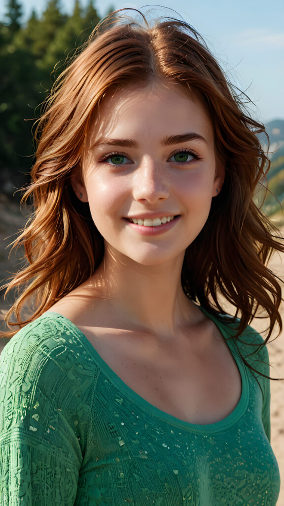 note: the above picture is a full body picture of a beautiful, very fit, slender, curvy, petite teen girl. She has auburn-brown hair moved by the wind, a slight natural but sad smile, detailed, hyper realistic, and matching green eyes. She also has perfect white teeth, with a warm light. (((4k, ultra high definition, intricate details)))