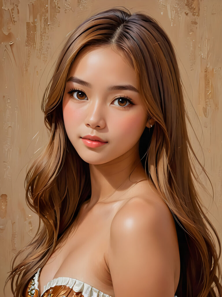 a ((portrait)) of (((cute))) (((elegant))) ((attractive)) (((long, straight hazelnut hair))) ((stunning)) a beautifully busty tanned Japanese teen girl