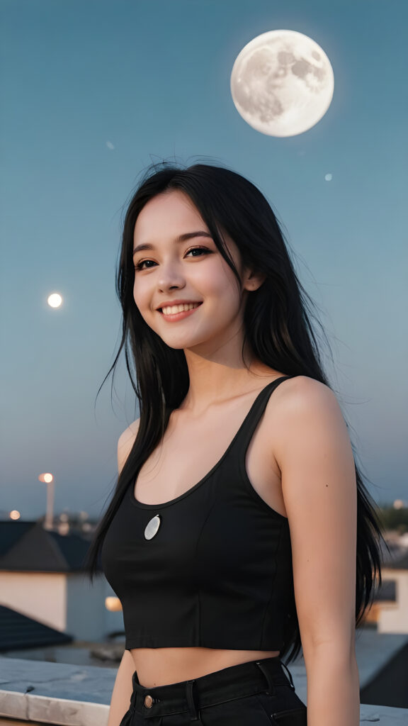 pale gothic girl, smile very happy, black dressed in a cropped tank top, long straight black hair, on the roof with the moon in the background, detailed face, realistic