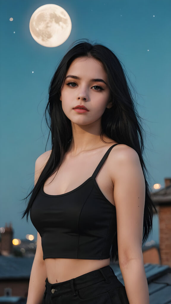 pale gothic girl, sad expression, black dressed in a cropped tank top, long straight black hair, on the roof with the moon in the background