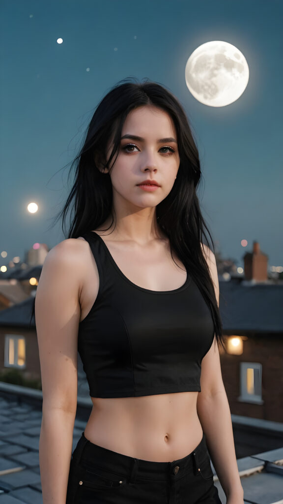 pale gothic girl, sad expression, black dressed in a cropped tank top, long straight black hair, on the roof with the moon in the background