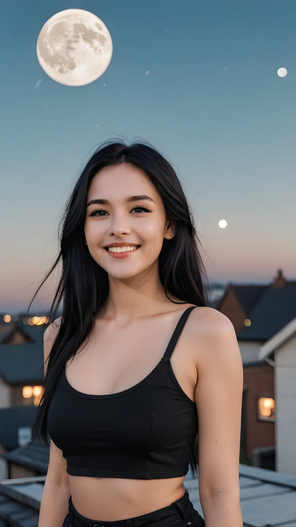 pale gothic girl, smile very happy, black dressed in a cropped tank top, long straight black hair, on the roof with the moon in the background, detailed face, realistic