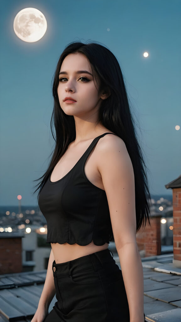 pale gothic girl, sad expression, black dressed in a cropped tank top, long straight black hair, on the roof with the moon in the background