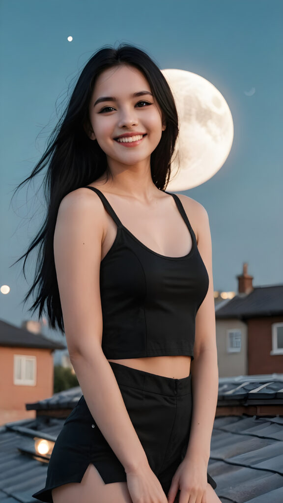 pale gothic girl, smile very happy, black dressed in a cropped tank top, long straight black hair, on the roof with the moon in the background, detailed face, realistic